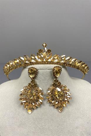 Honey Color Ece Bridal Henna Crown and Drop Shuttle Earring Set