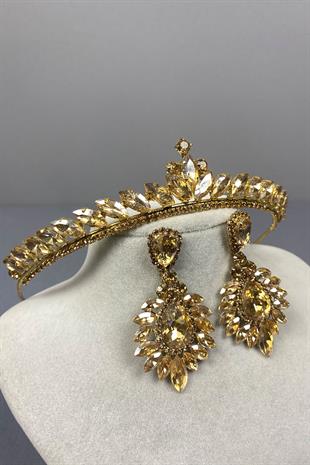Honey Color Ece Bridal Henna Crown and Drop Shuttle Earring Set