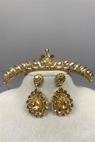 Honey Color Ece Bridal Henna Crown and Drop Stone Earring Set