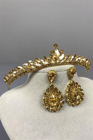 Honey Color Ece Bridal Henna Crown and Drop Stone Earring Set