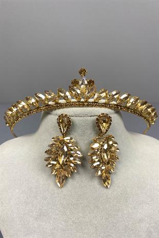 Honey Color Ece Bride Henna Crown and Thin Shuttle Stone Earrings