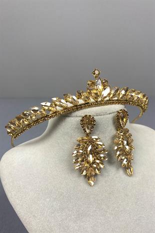 Honey Color Ece Bride Henna Crown and Thin Shuttle Stone Earrings
