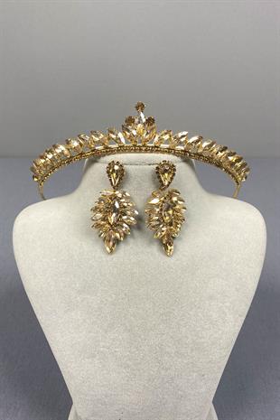 Honey Color Ece Bride Henna Crown and Thin Shuttle Stone Earrings