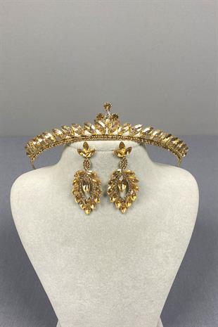 Honey Color Ece Bridal Henna Crown and Shuttle Stone Earrings