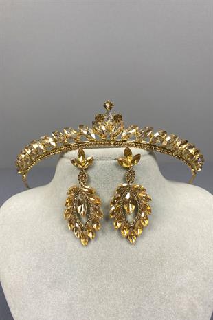 Honey Color Ece Bridal Henna Crown and Shuttle Stone Earrings