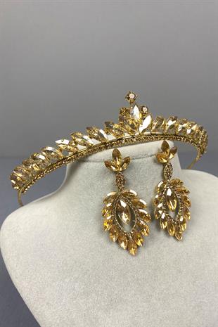 Honey Color Ece Bridal Henna Crown and Shuttle Stone Earrings