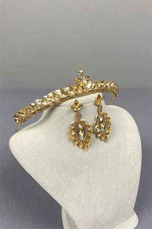 Honey Color Ece Bridal Henna Crown and Shuttle Stone Earrings
