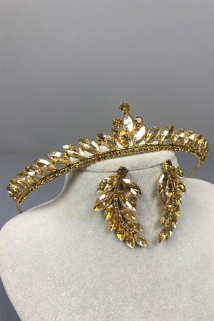 Honey Color Ece Bridal Henna Crown and Leaf Stone Earrings