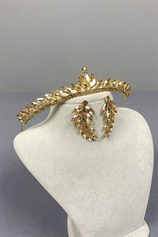 Honey Color Ece Bridal Henna Crown and Leaf Stone Earrings