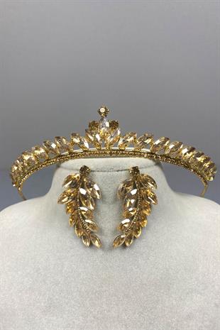 Honey Color Ece Bridal Henna Crown and Leaf Stone Earrings
