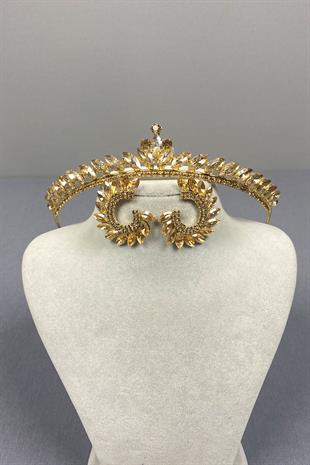 Honey Color Ece Bridal Henna Crown and Round Stone Earring Set
