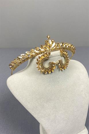Honey Color Ece Bridal Henna Crown and Round Stone Earring Set