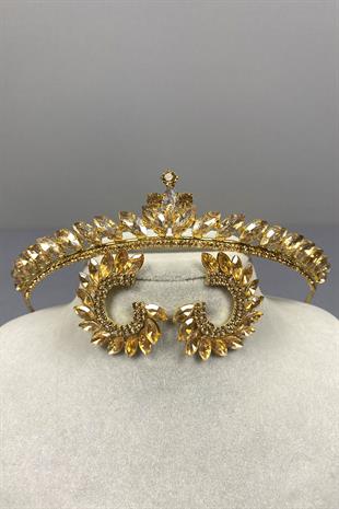 Honey Color Ece Bridal Henna Crown and Round Stone Earring Set