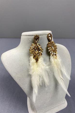 Bal Rengi En Şık Tüylü Özel Davet Balo Düğün Abiye Küpe