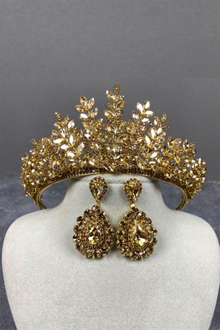 Honey Color Ezel 3D Bridal Henna Crown And Stone Drop Earrings Set