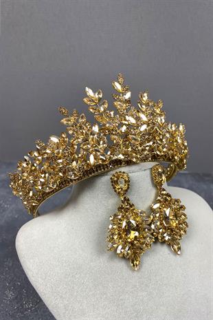 Honey Color Ezel 3D Bridal Henna Crown And Earring Set