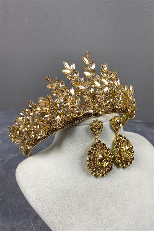 Honey Color Ezel 3D Bridal Henna Crown And Stone Drop Earrings Set