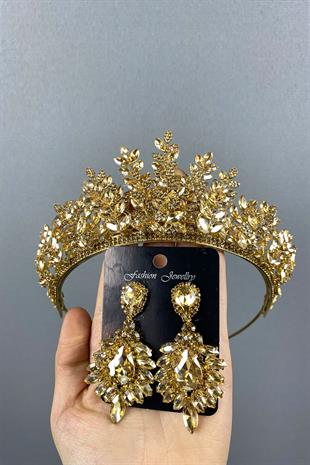 Honey Color Ezel 3D Bridal Henna Crown And Earring Set