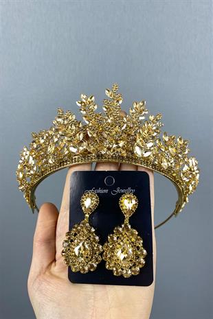 Honey Color Ezel 3D Bridal Henna Crown And Stone Drop Earrings Set