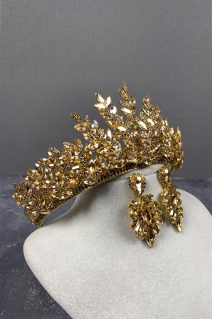 Honey Color Ezel 3D Bridal Henna Crown And Stud Earring Set