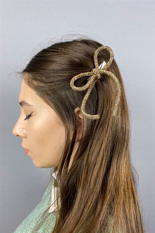 Bal Rengi Full Taşlı Tasarım Fiyonk Saç Tokası