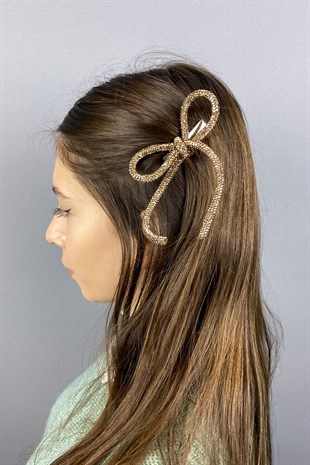 Bal Rengi Full Taşlı Tasarım Fiyonk Saç Tokası