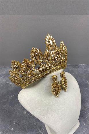 Honey Color Godiva High Bridal Henna Tiara and Shuttle Stone Evening Dress Earrings Set