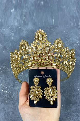 Honey Color Godiva High Bridal Henna Tiara and Shuttle Stone Evening Dress Earrings Set