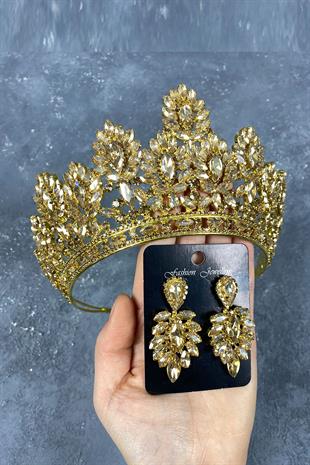 Honey Color Godiva High Bridal Henna Tiara and Shuttle Stone Evening Dress Earrings Set
