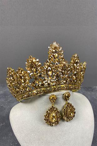 Honey Color Godiva High Bridal Henna Crown And Drop Stone Earrings