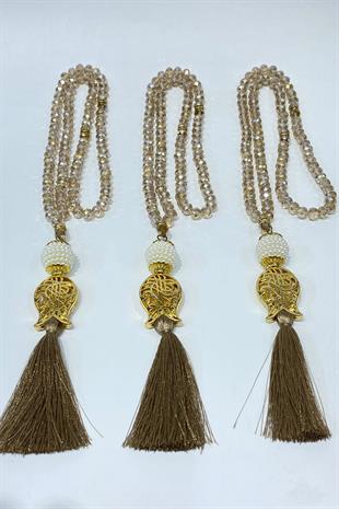 Bal Rengi Hediyelik Laleli Püsküllü Kristal Boncuklu 99 Lu Namaz Tesbihi ( Mevlüt-sünnet-hac-umre)