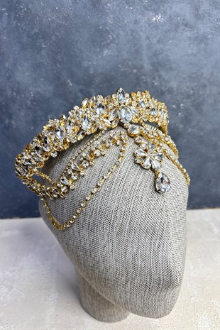 Bal Rengi Hera Gold Zemin Sallantılı Alınlık Gelin Kına Tacı
