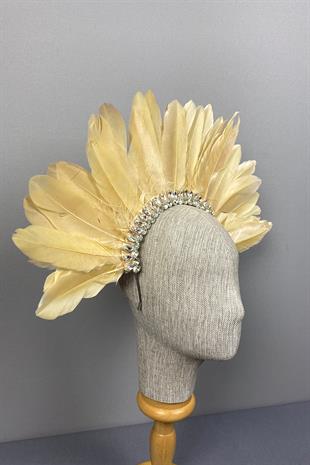Honey Colored Hera Feather Stoned Bridal Henna Crown Accessory