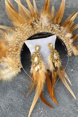 Honey Color Rooster Feather Crystal Beaded Bridal Henna Tiara and Earring