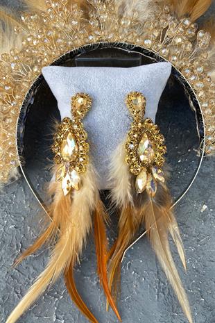 Honey Color Rooster Feather Crystal Beaded Bridal Henna Tiara and Earring