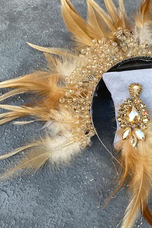 Honey Color Rooster Feather Crystal Beaded Bridal Henna Tiara and Earring