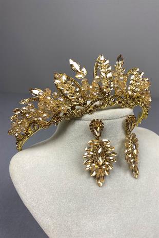 Honey Color Jabbah Bead Embroidered Bridal Henna Crown and Thin Shuttle Earrings