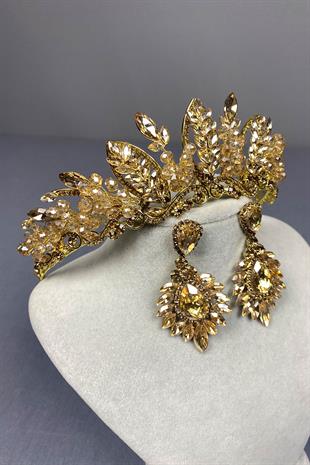 Honey Color Jabbah Bead Embroidered Bridal Henna Crown and Shuttle Earrings