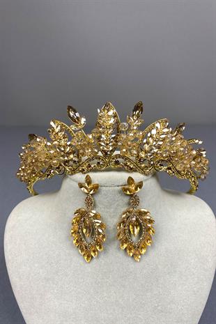 Honey Color Jabbah Bead Embroidered Bridal Henna Crown and Shuttle Earring Set
