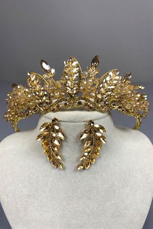 Honey Color Jabbah Bead Embroidered Bridal Henna Crown and Leaf Earrings