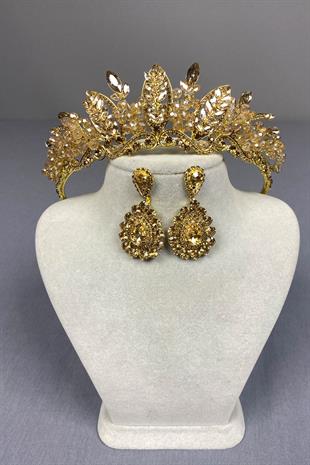 Honey Color Jabbah Bead Embroidered Bridal Henna Crown and Drop Earrings