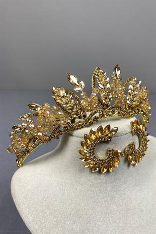 Honey Color Jabbah Bead Embroidered Bridal Henna Crown and Round Earrings