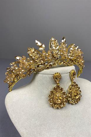 Honey Color Jabbah Bead Embroidered Bridal Henna Crown and Drop Earrings