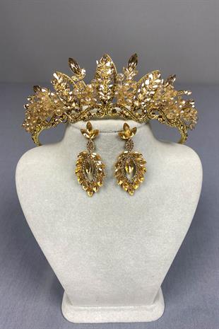 Honey Color Jabbah Bead Embroidered Bridal Henna Crown and Shuttle Earring Set