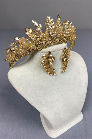 Honey Color Jabbah Bead Embroidered Bridal Henna Crown and Leaf Earrings