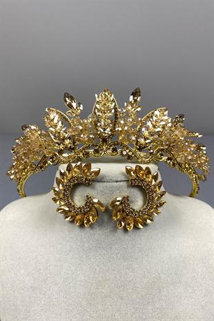 Honey Color Jabbah Bead Embroidered Bridal Henna Crown and Round Earrings