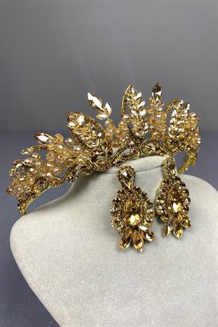 Honey Color Jabbah Bead Embroidered Bridal Henna Crown and Shuttle Drop Earrings