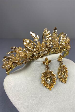 Honey Color Jabbah Bead Embroidered Bridal Henna Crown and Shuttle Earring Set
