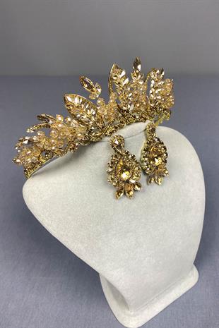 Honey Color Jabbah Bead Embroidered Bridal Henna Crown and Shuttle Drop Earrings