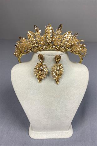 Honey Color Jabbah Bead Embroidered Bridal Henna Crown and Thin Shuttle Earrings